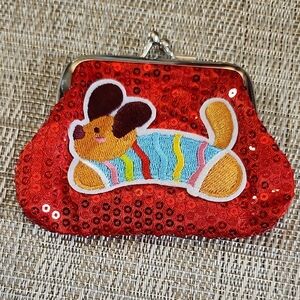 Hand Crafted Red Sequin Kiss Lock Dog Coin Purse